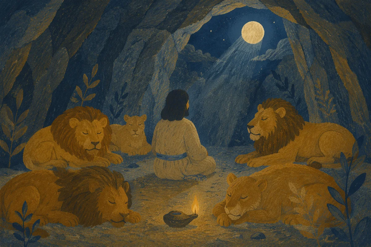 Daniel Peacefully Resting Among Lions at Night