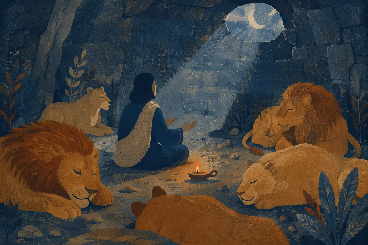Peaceful Daniel Praying Among Resting Lions