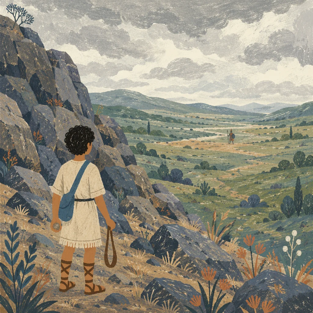 David Facing Goliath Across Misty Valley