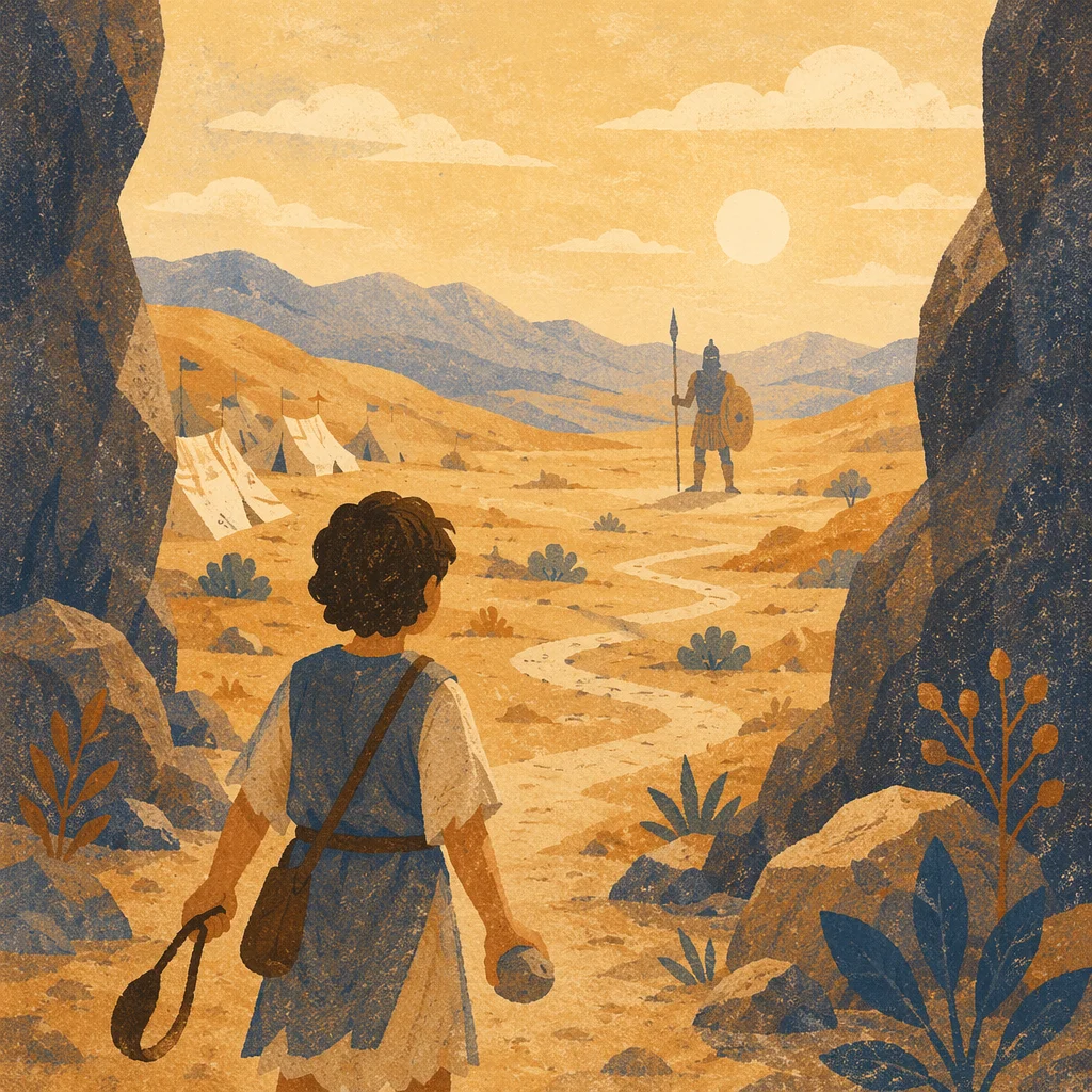 David Facing Goliath Across Sunlit Valley