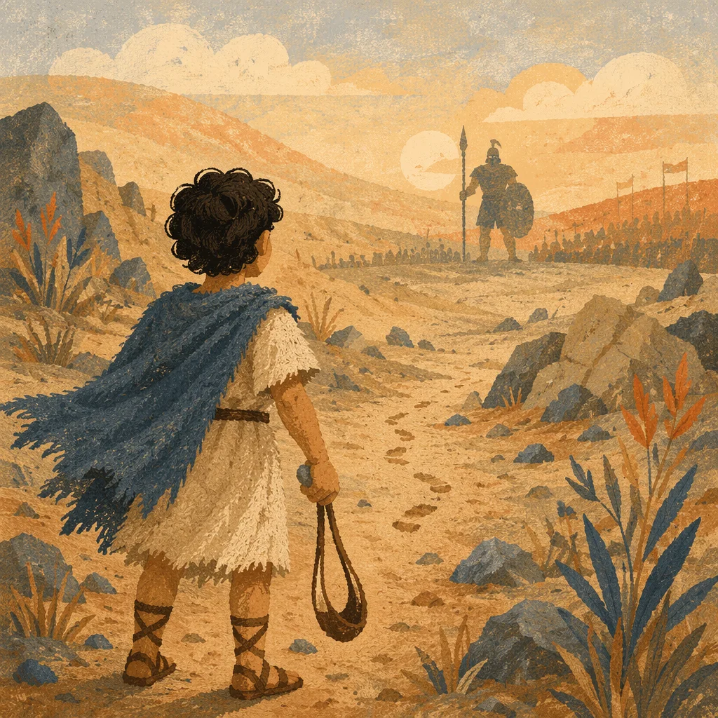 David Faces Goliath in Ancient Valley