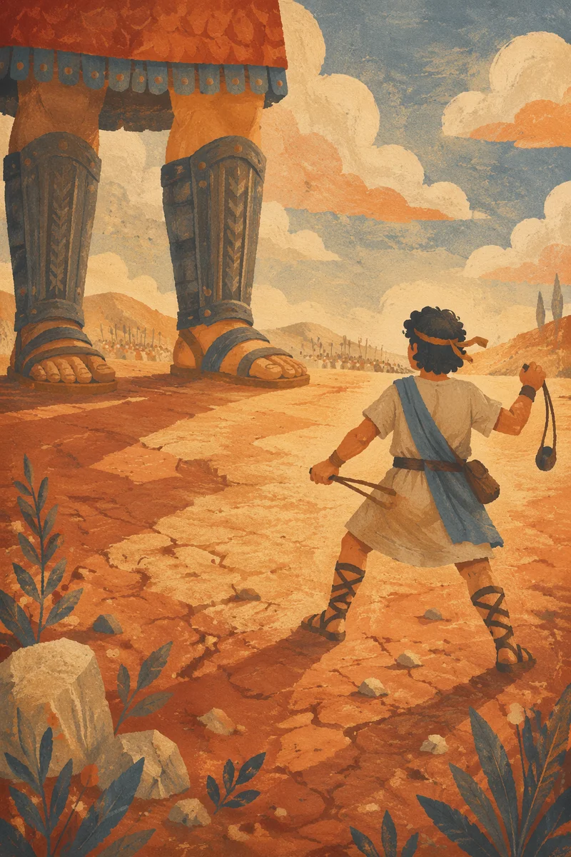 David Facing Goliath in Ancient Valley