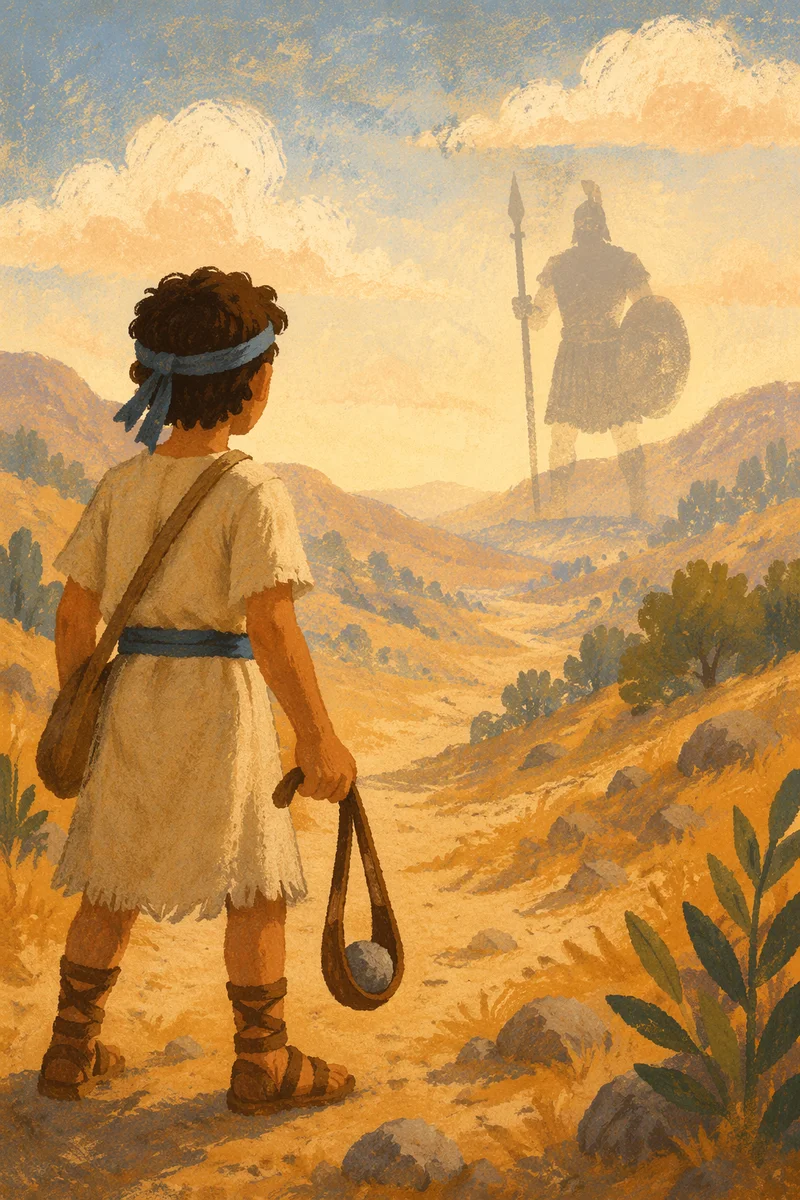 David with Sling Facing Goliath at Dawn