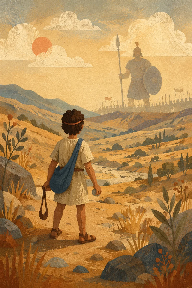 David Faces Goliath Across Dawn Valley