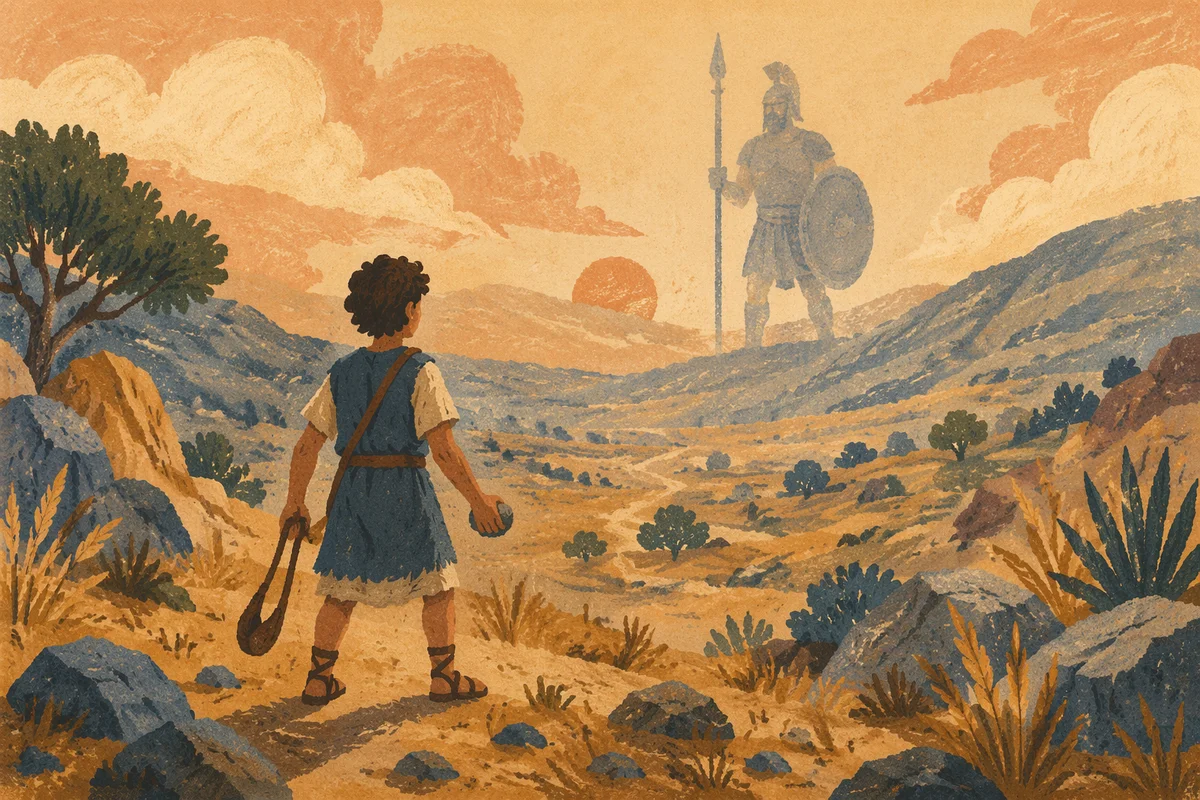 David Faces Goliath Across Dawn Valley