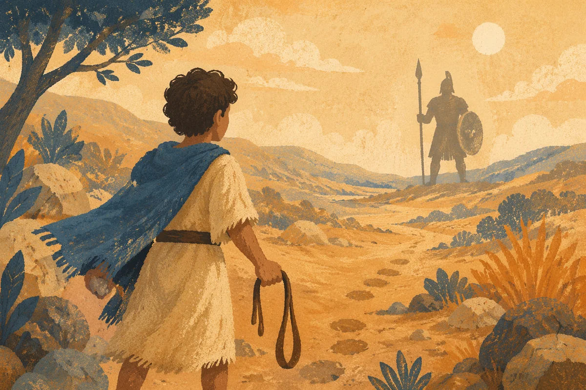 David Facing Goliath in Ancient Valley