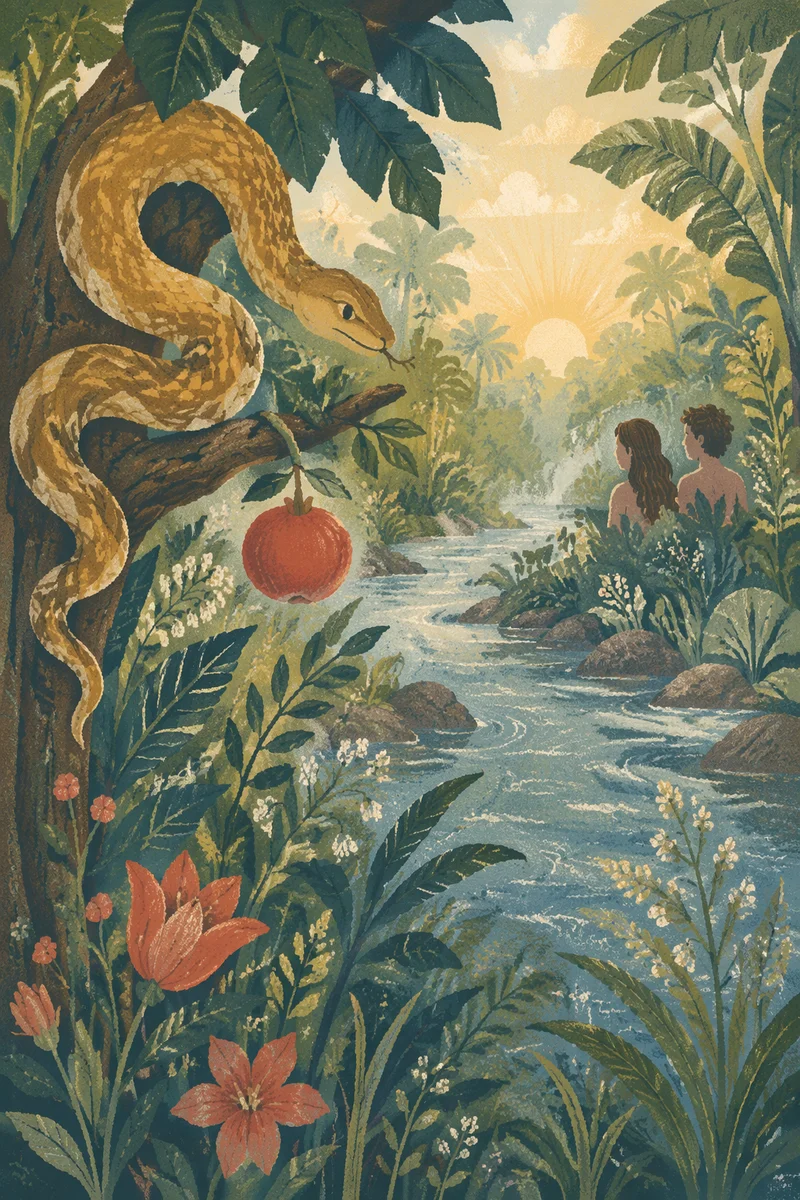 Eden Paradise River with Serpent and Fruit