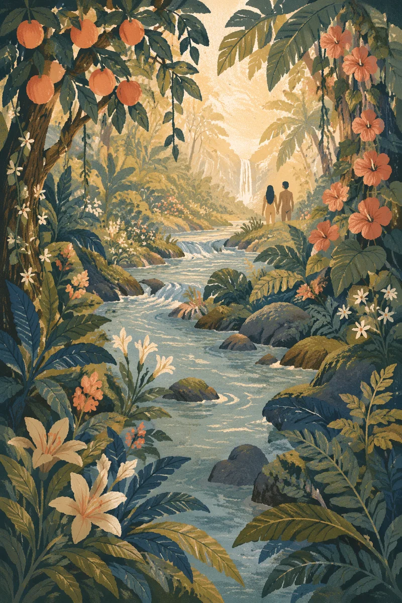 Lush Garden of Eden River at Dawn
