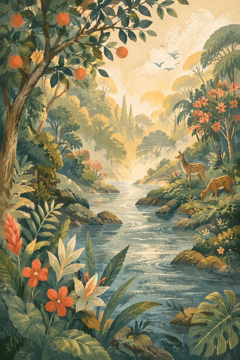 Lush Garden of Eden River at Dawn