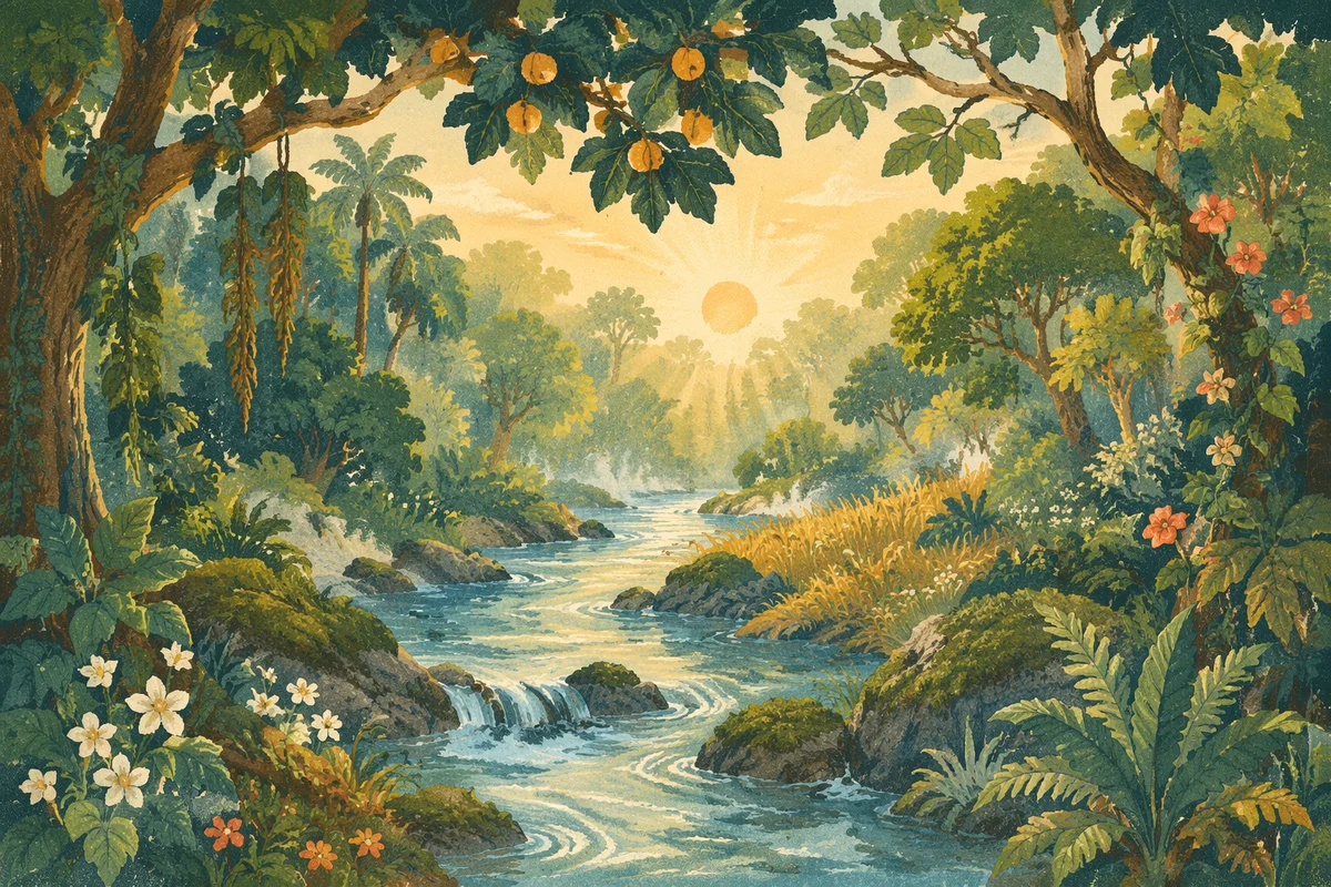 Lush Garden of Eden River at Dawn