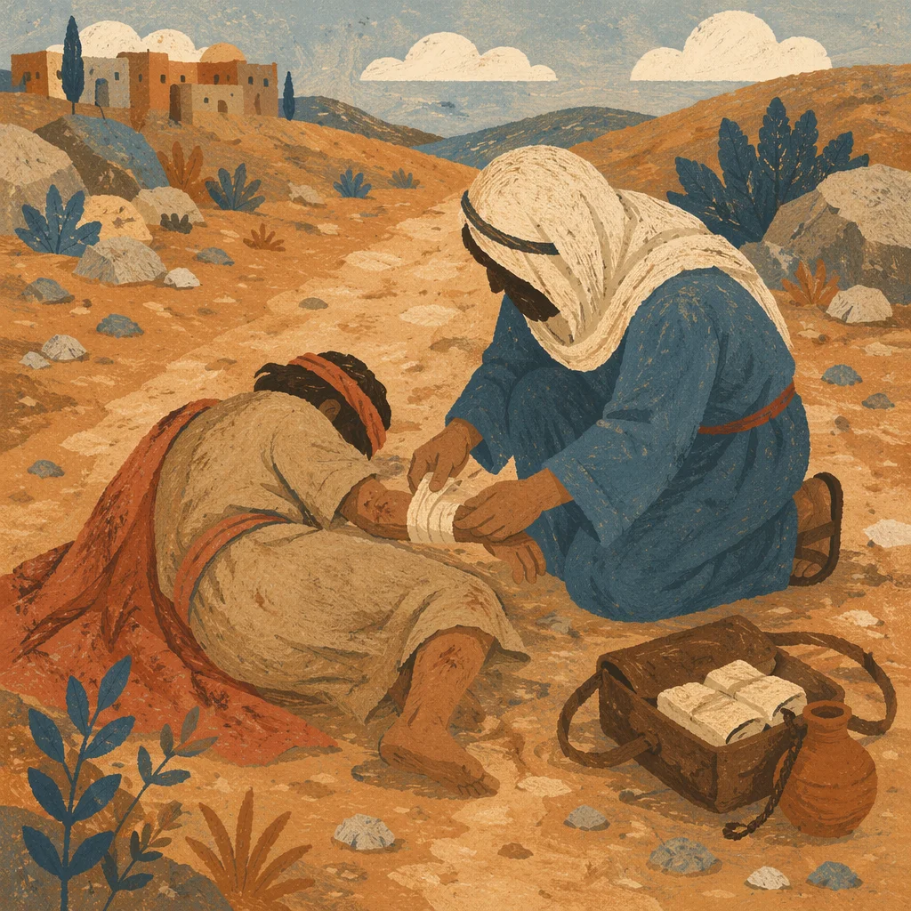 Good Samaritan Bandaging Wounded Traveler