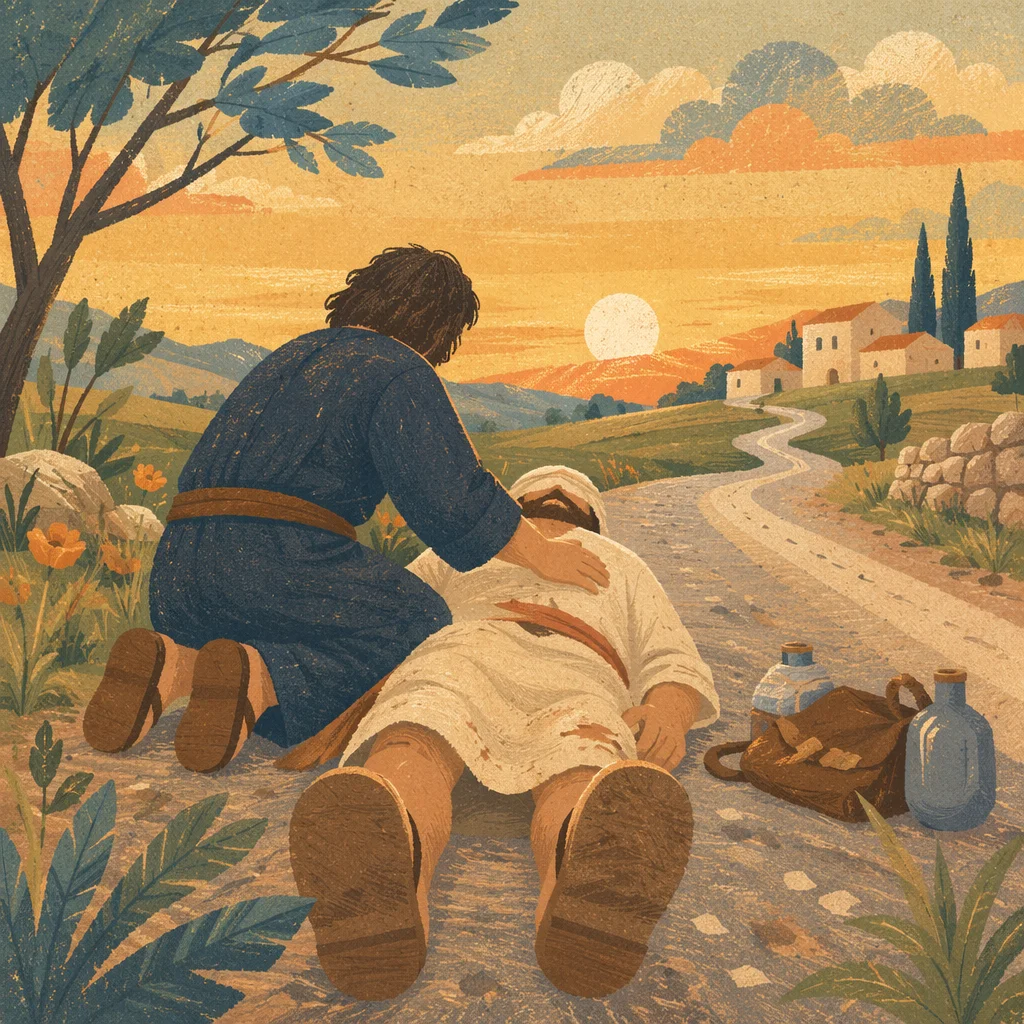 Good Samaritan Helping Wounded Traveler Roadside