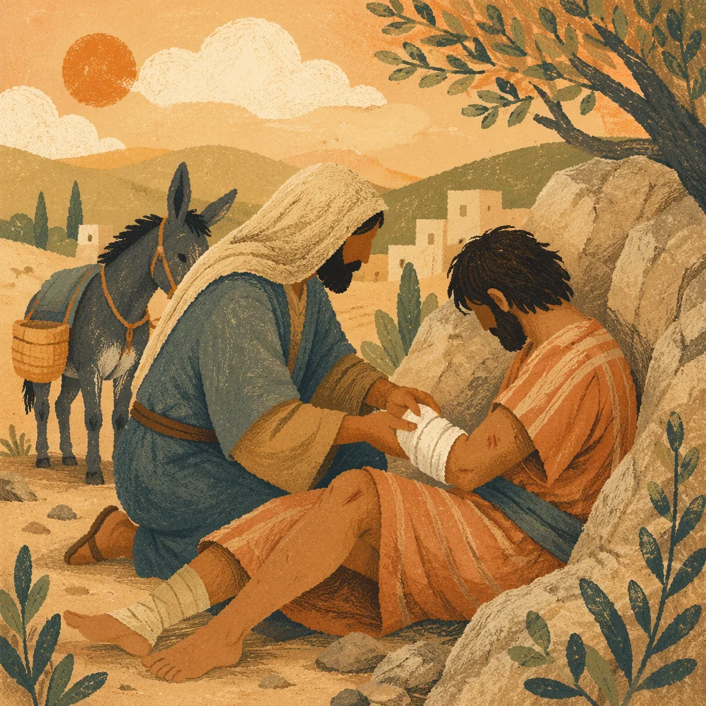 Good Samaritan Caring on Ancient Roadside