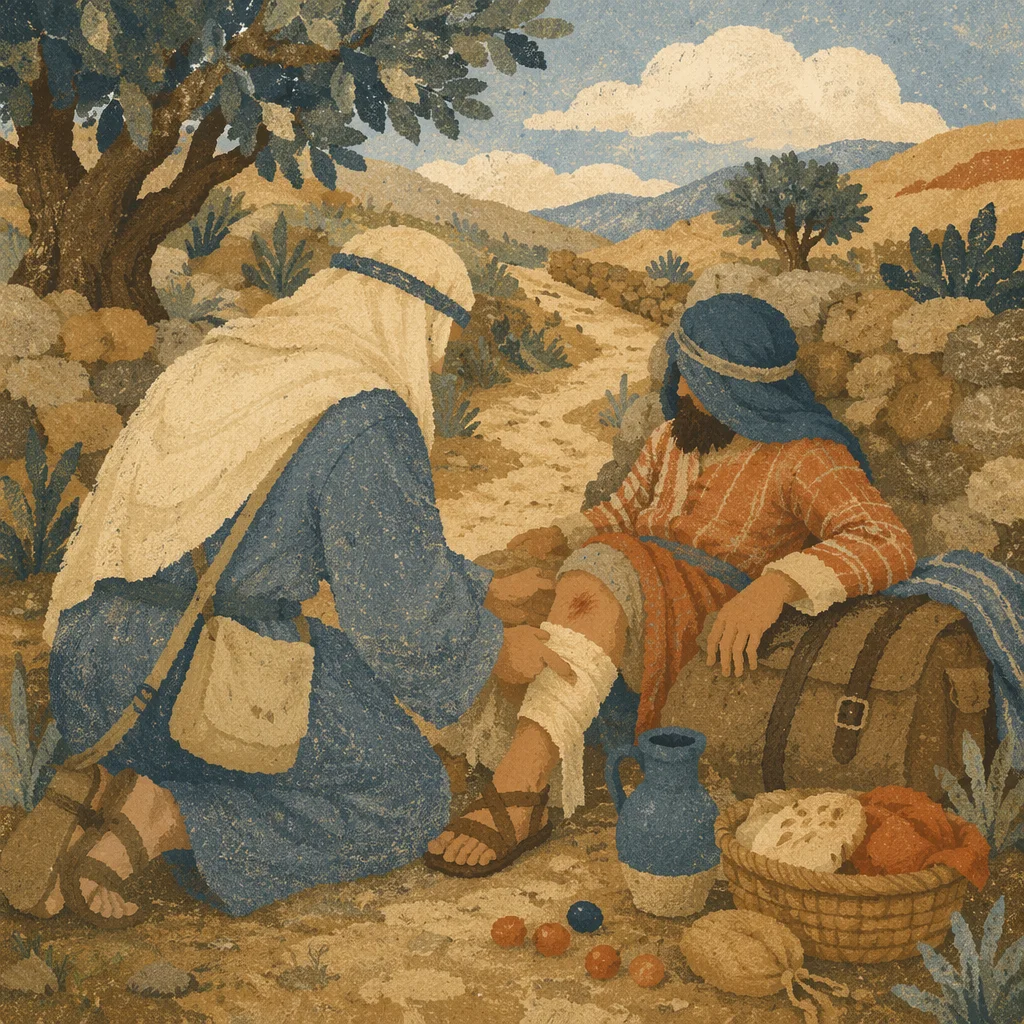 Good Samaritan Bandaging Wounded Traveler