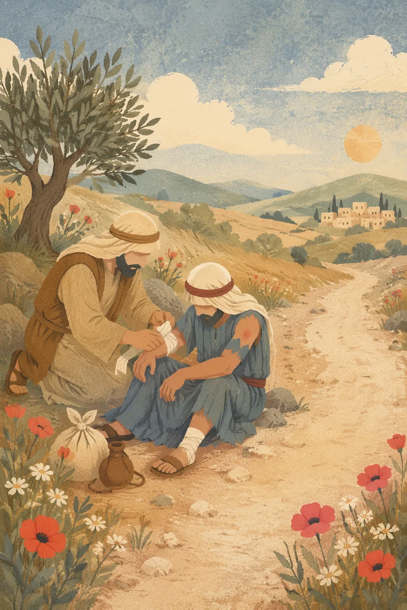 Good Samaritan Bandaging Wounded Traveler