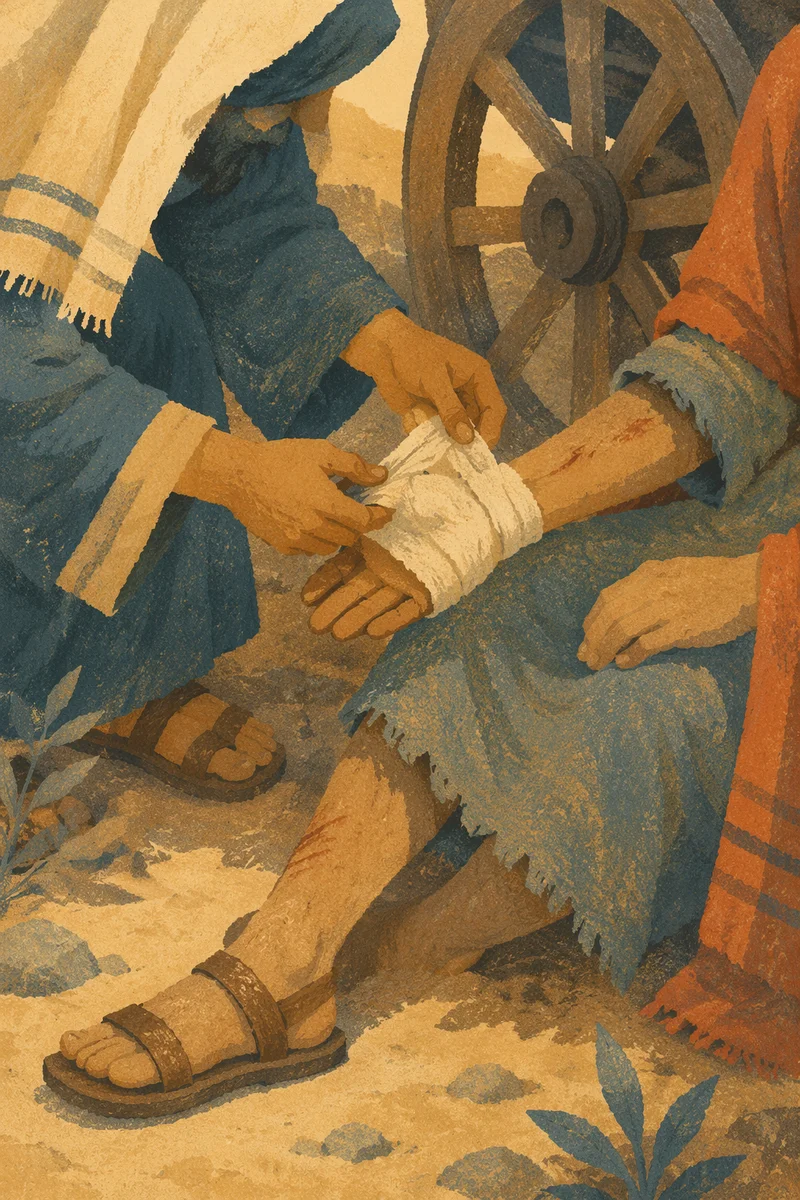 Good Samaritan Bandaging Wounded Traveler