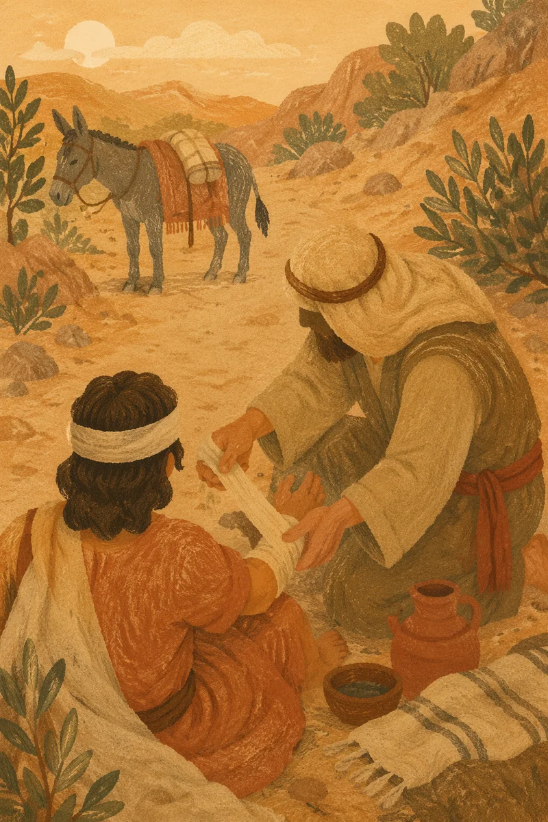 Good Samaritan Bandaging Wounded Traveler