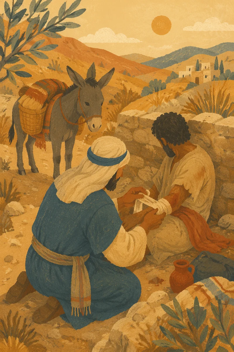 Good Samaritan Tending Wounded Traveler Roadside
