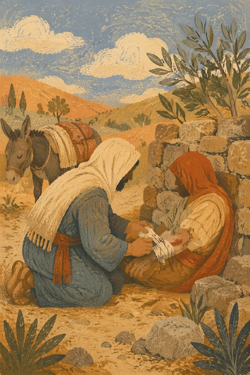 Good Samaritan Bandaging Wounded Traveler