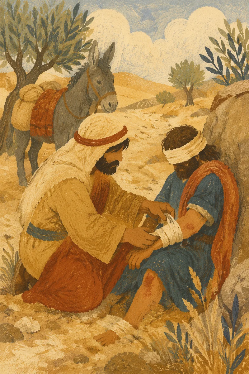 Good Samaritan Bandaging Wounded Traveler
