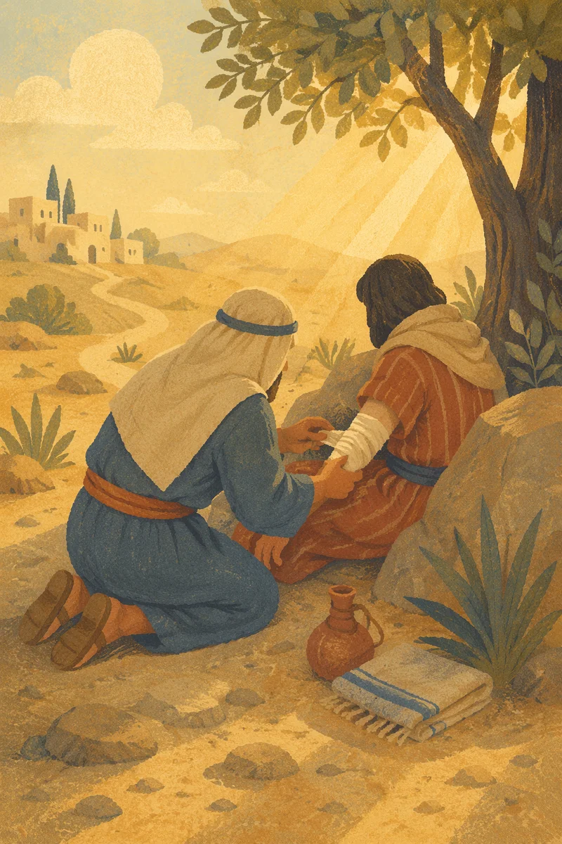 Good Samaritan Bandaging Wounded Traveler