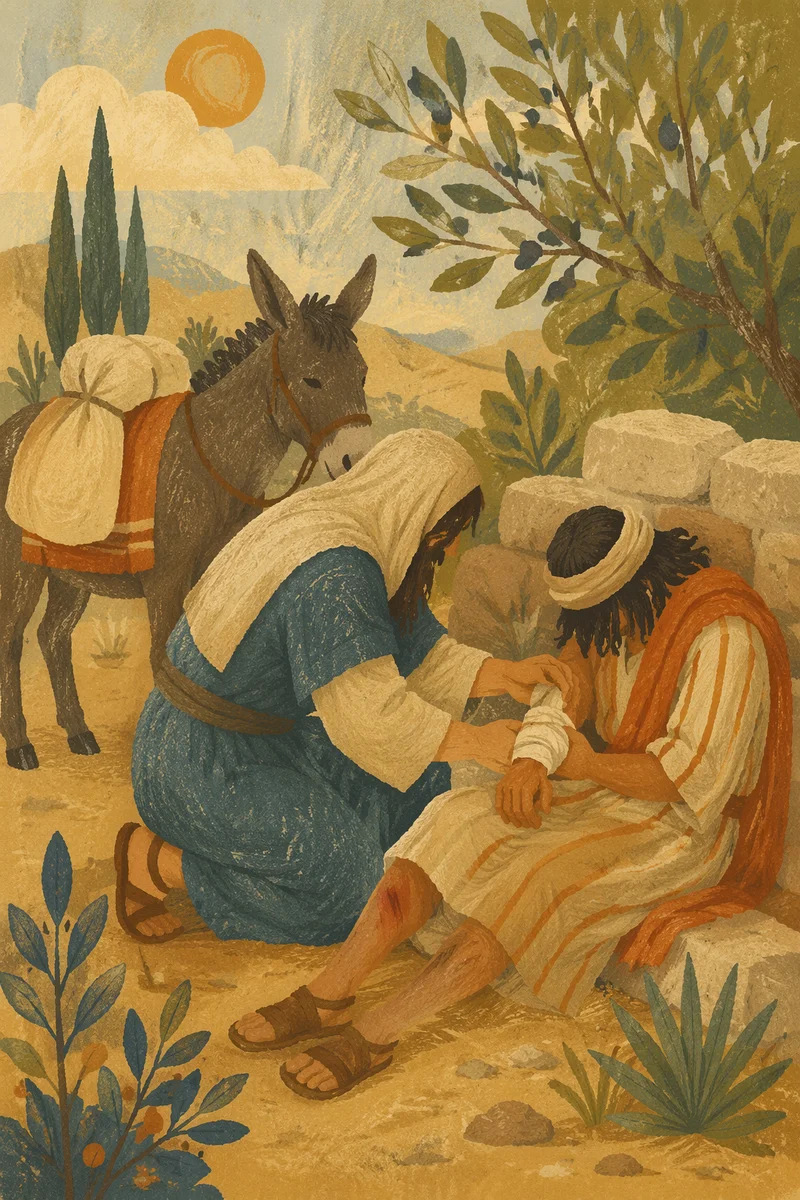 Good Samaritan Bandaging Wounded Traveler