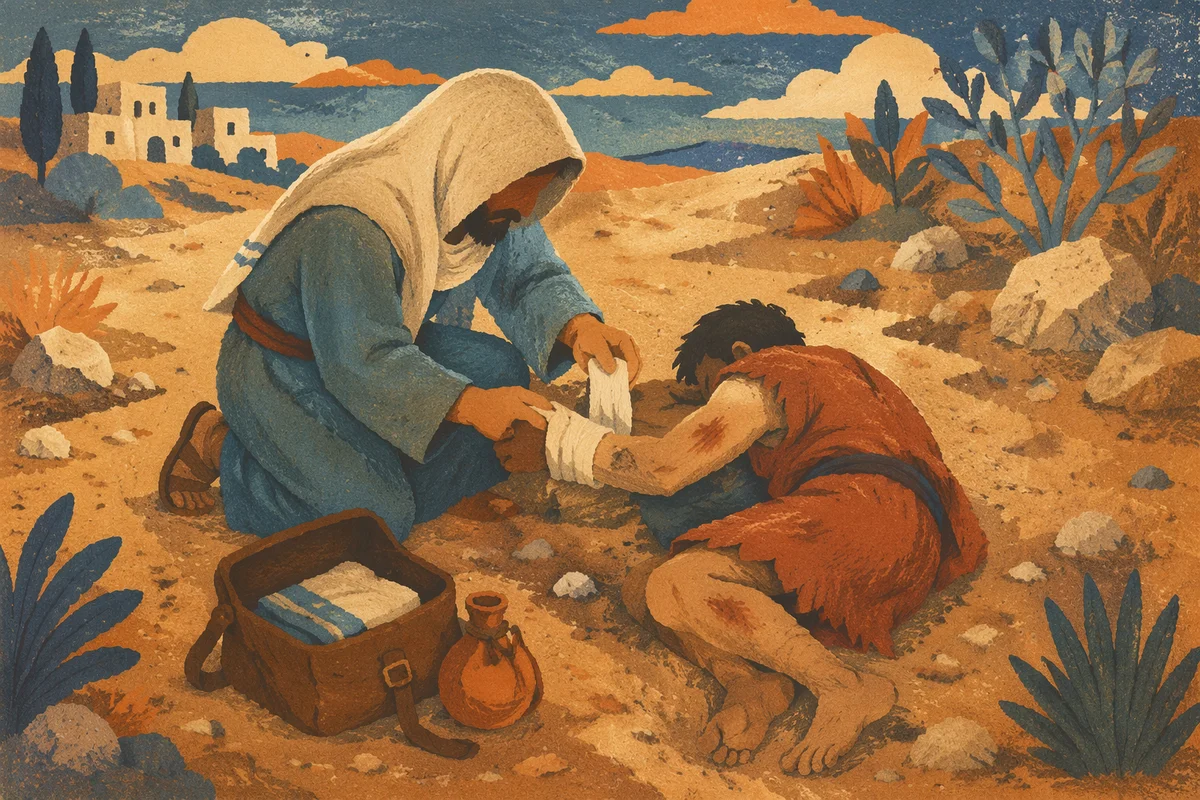 Good Samaritan Bandaging Wounded Traveler