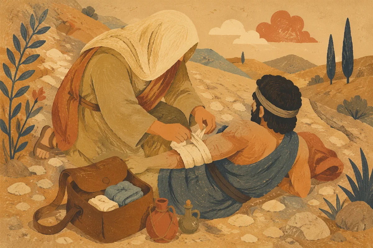 Good Samaritan Bandaging Wounded Traveler