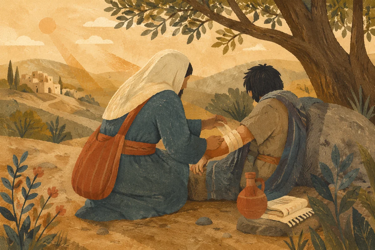 Good Samaritan Bandaging Wounded Traveler