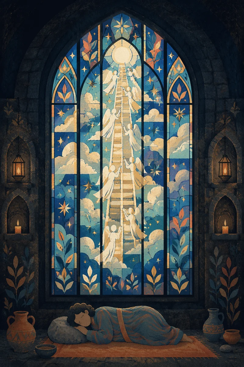 Jacob’s Ladder Angels in Glowing Sanctuary