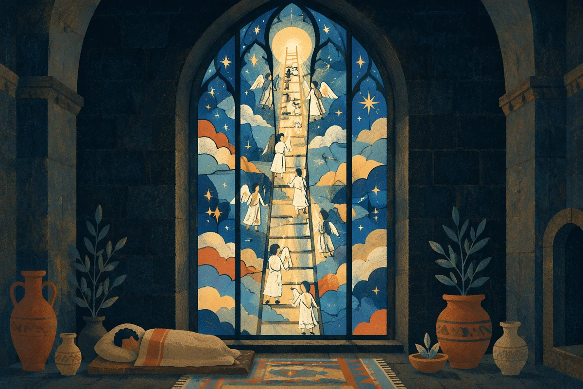 Jacob’s Ladder Angels in Glowing Stained Glass