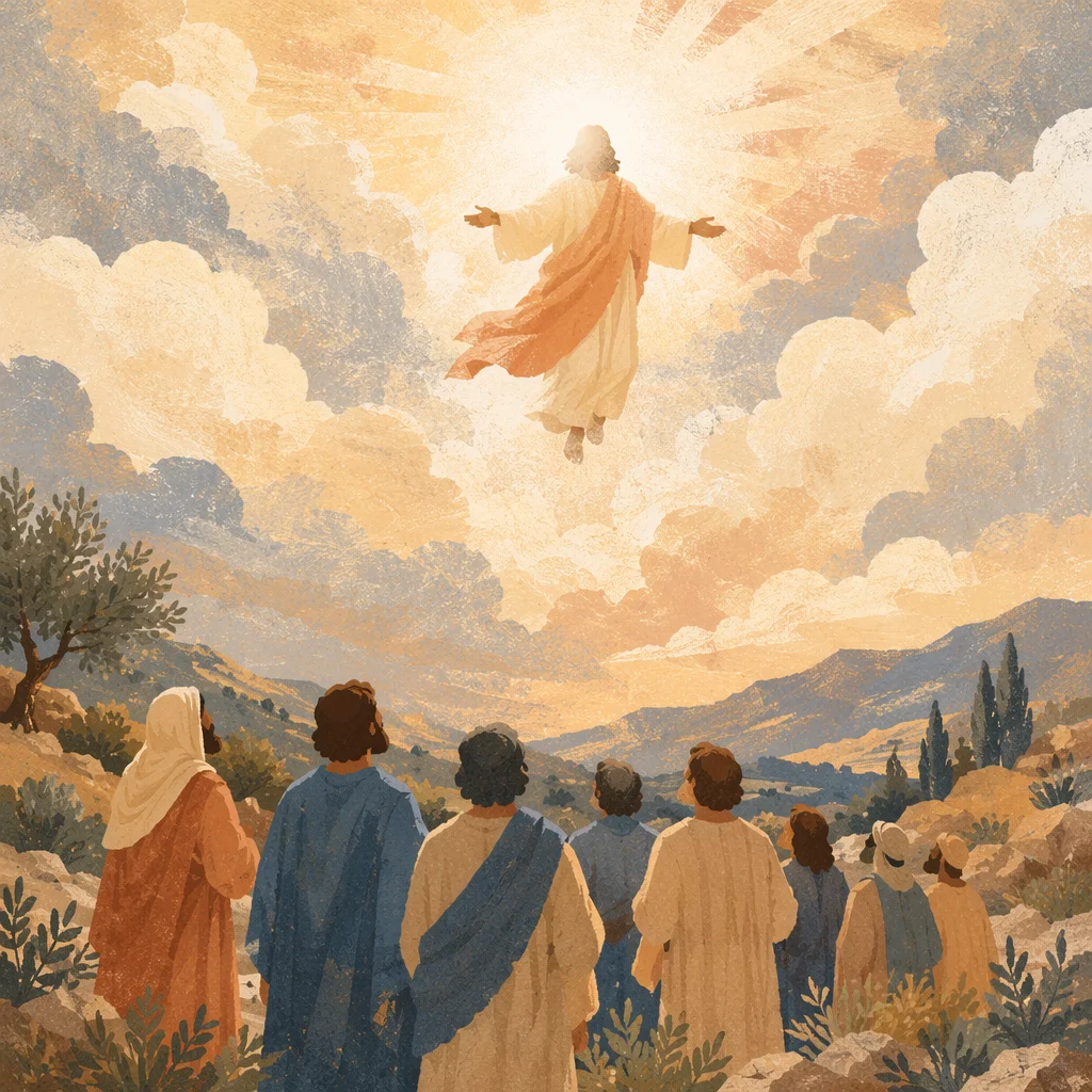 Jesus Ascending Above Clouds With Disciples