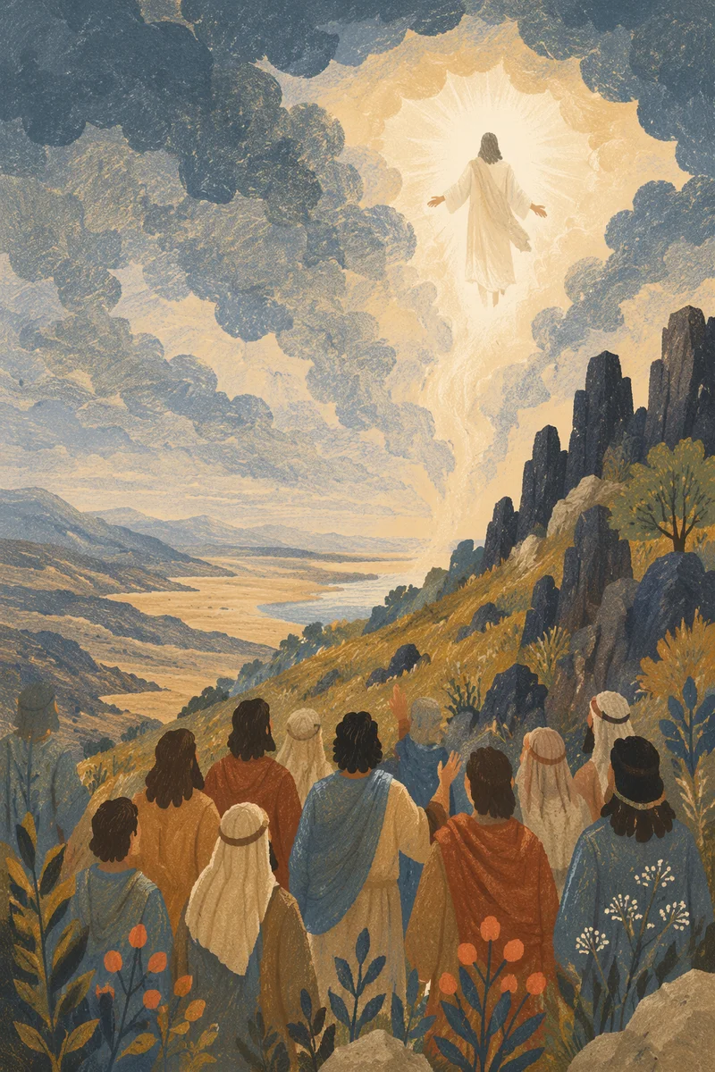 Jesus Ascending Above Clouds and Disciples
