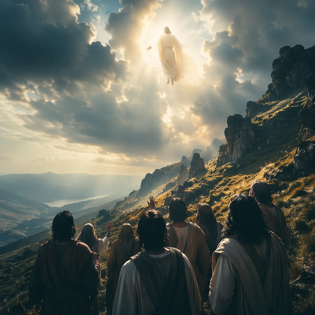 Jesus Ascending Above Clouds and Disciples