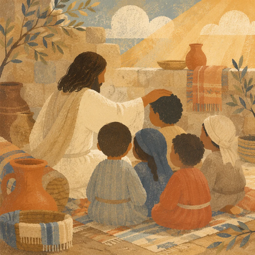 Jesus Blessing Little Children at Sunset