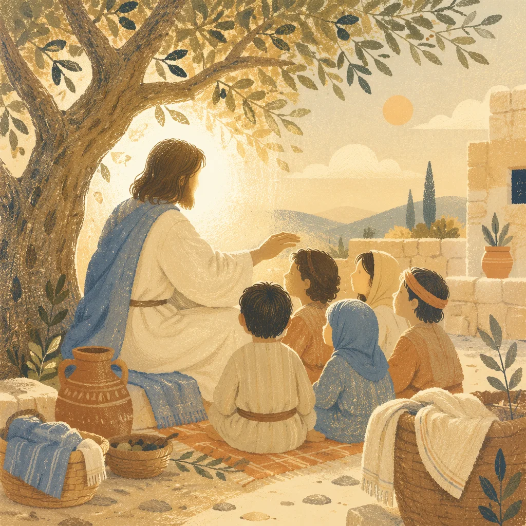 Jesus Blessing Children in Sunlit Courtyard