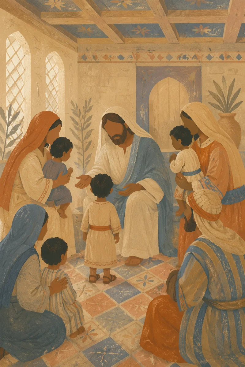 Jesus Blessing Little Children in Ancient Hall