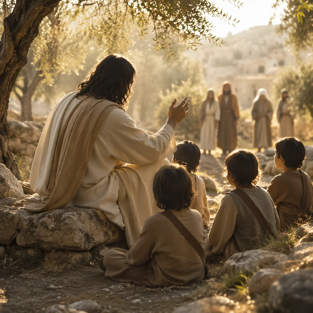 Jesus Blessing Little Children at Sunset