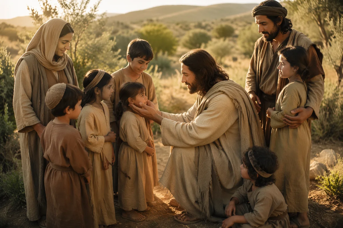 Man Blessing Children in Sunlit Meadow