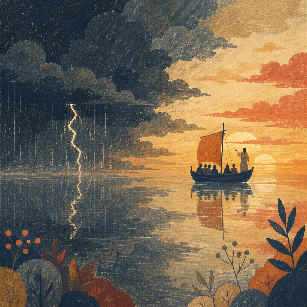 Jesus Calming the Storm at Sunset