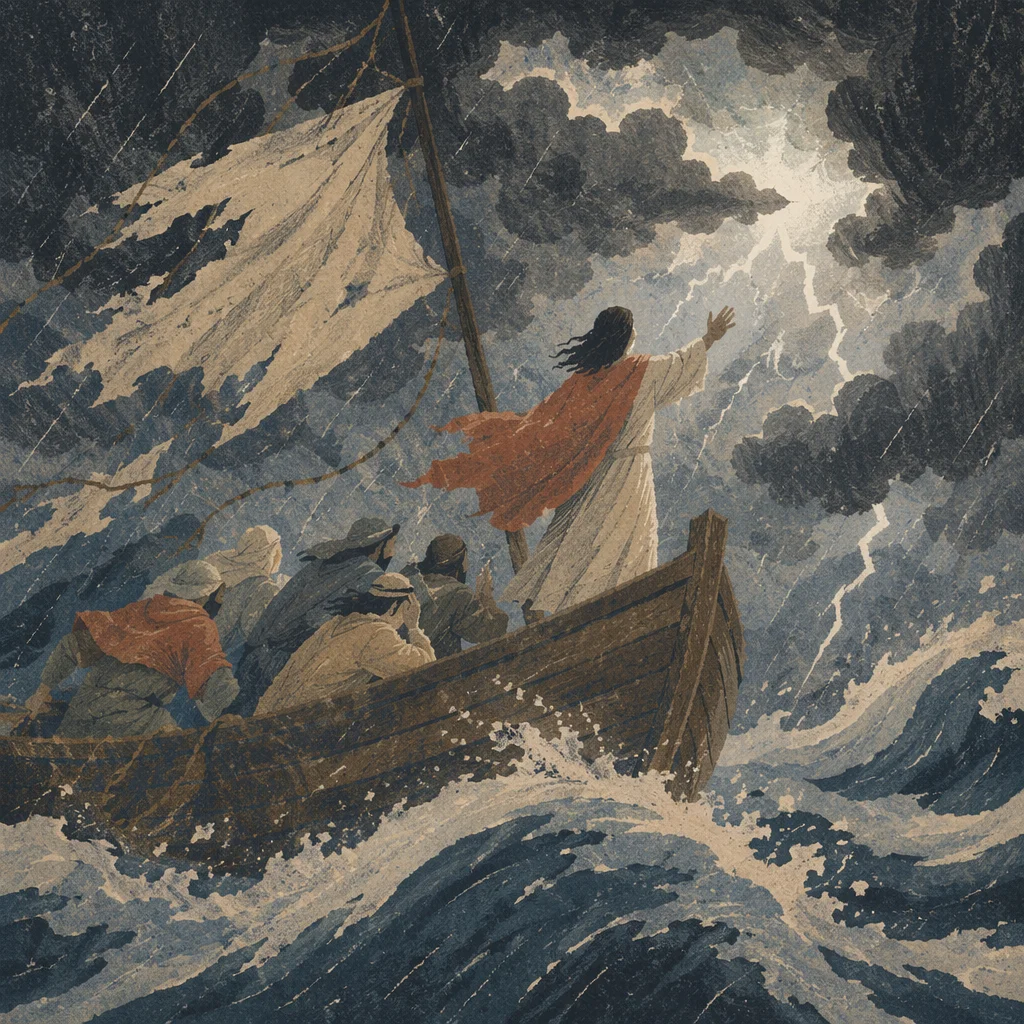 Jesus Calms Storm Over Galilee Boat