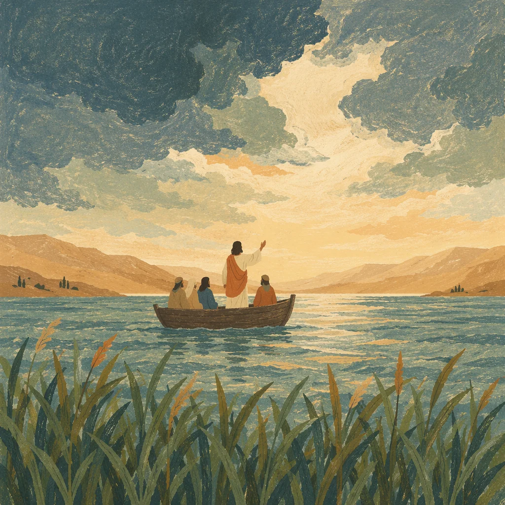 Jesus Calming Storm Over Galilee Lake