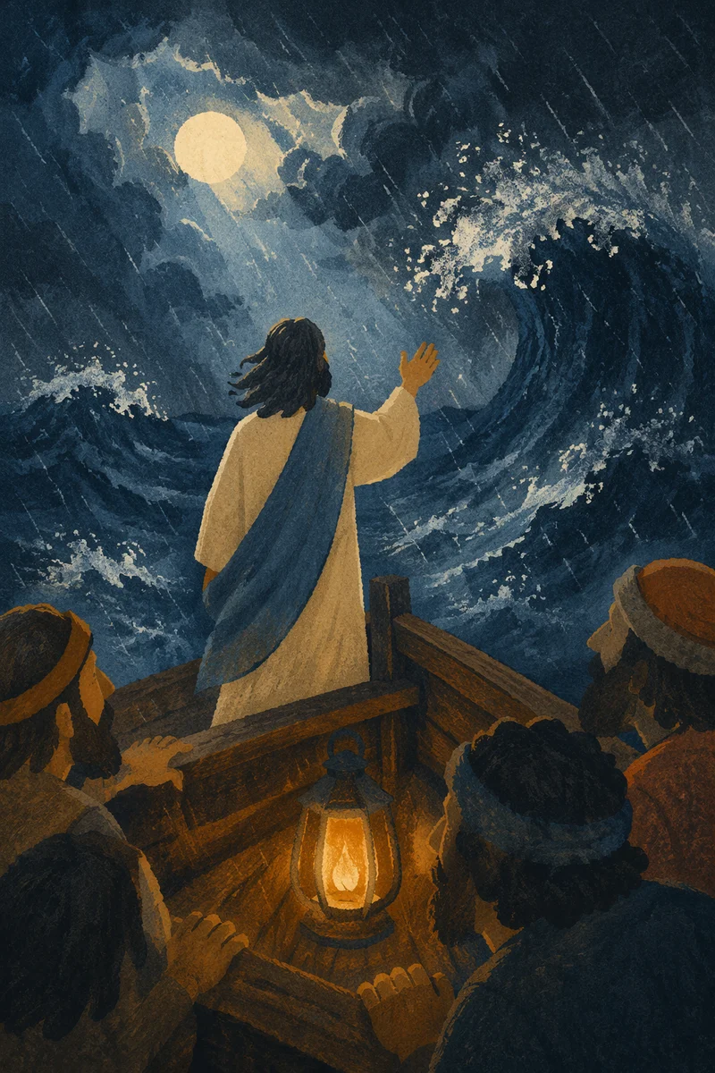 Jesus Calming Storm on Galilee Boat