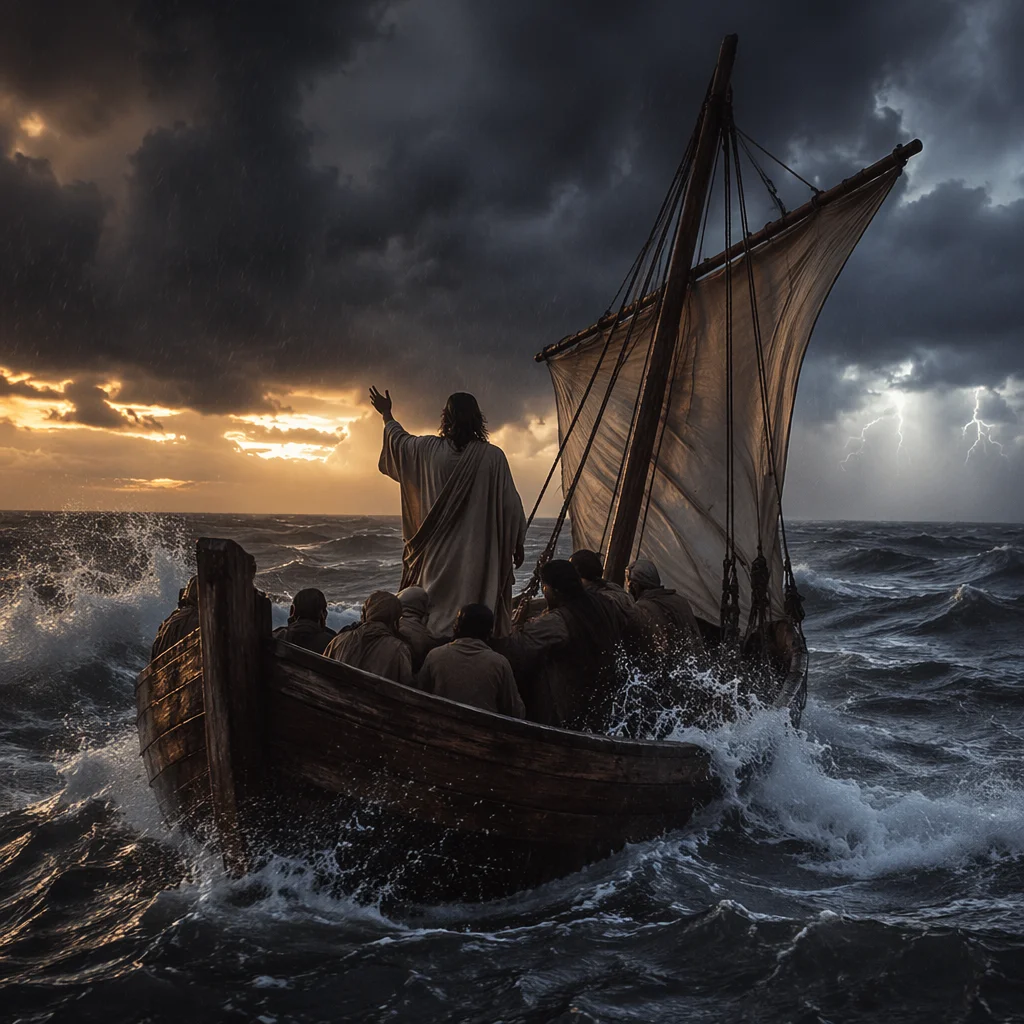 Jesus Calming Storm on Galilee Boat