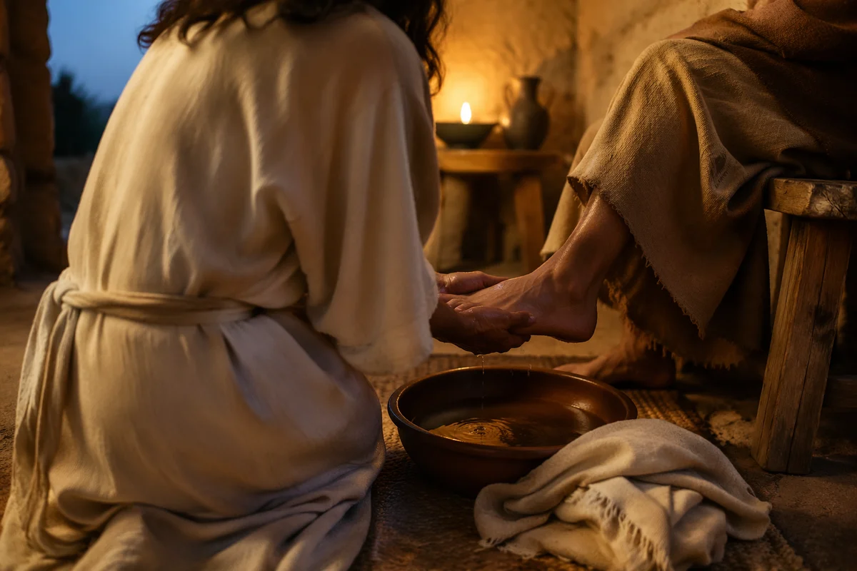 Humble Foot Washing in Lamp Lit Room