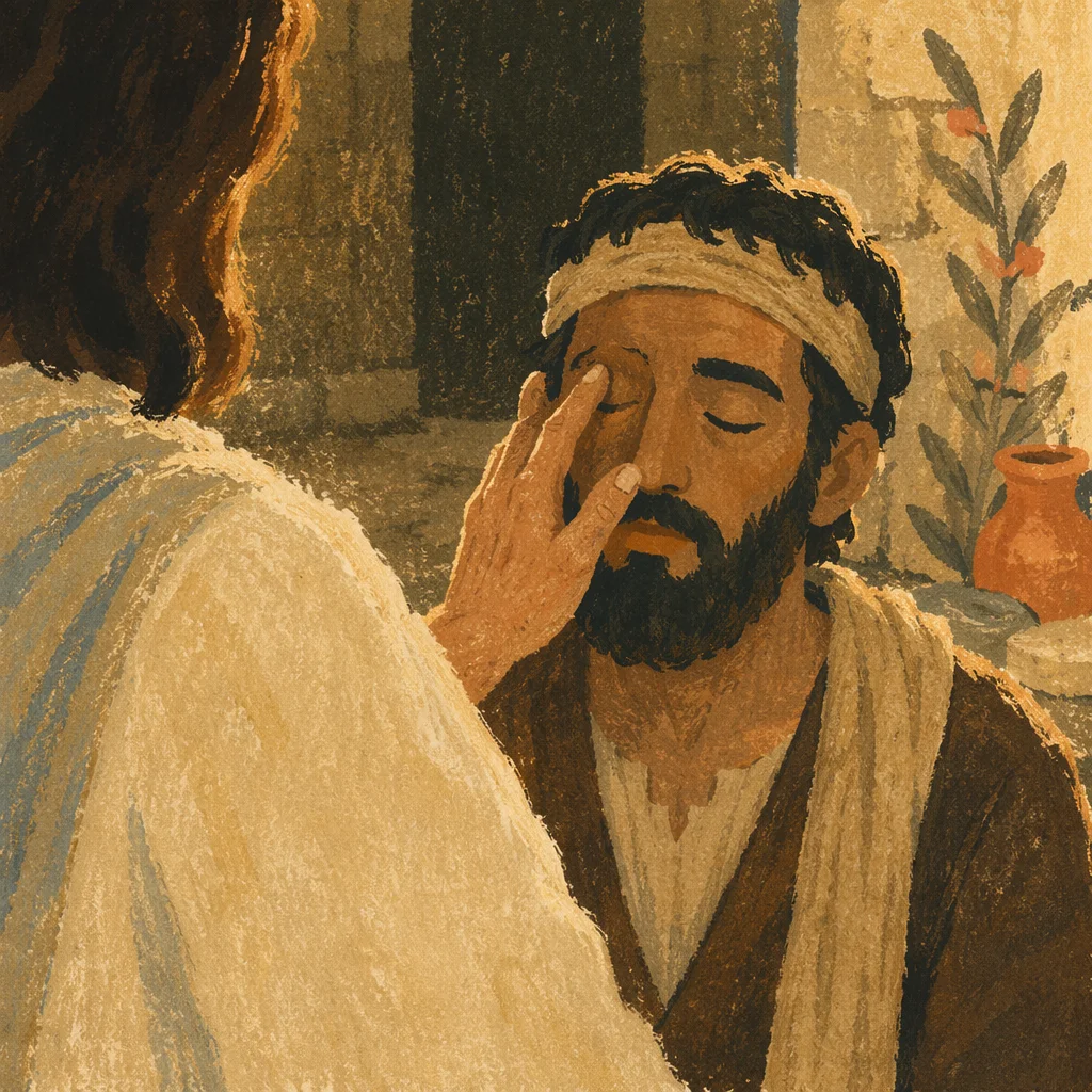Jesus Healing Blind Man in Courtyard