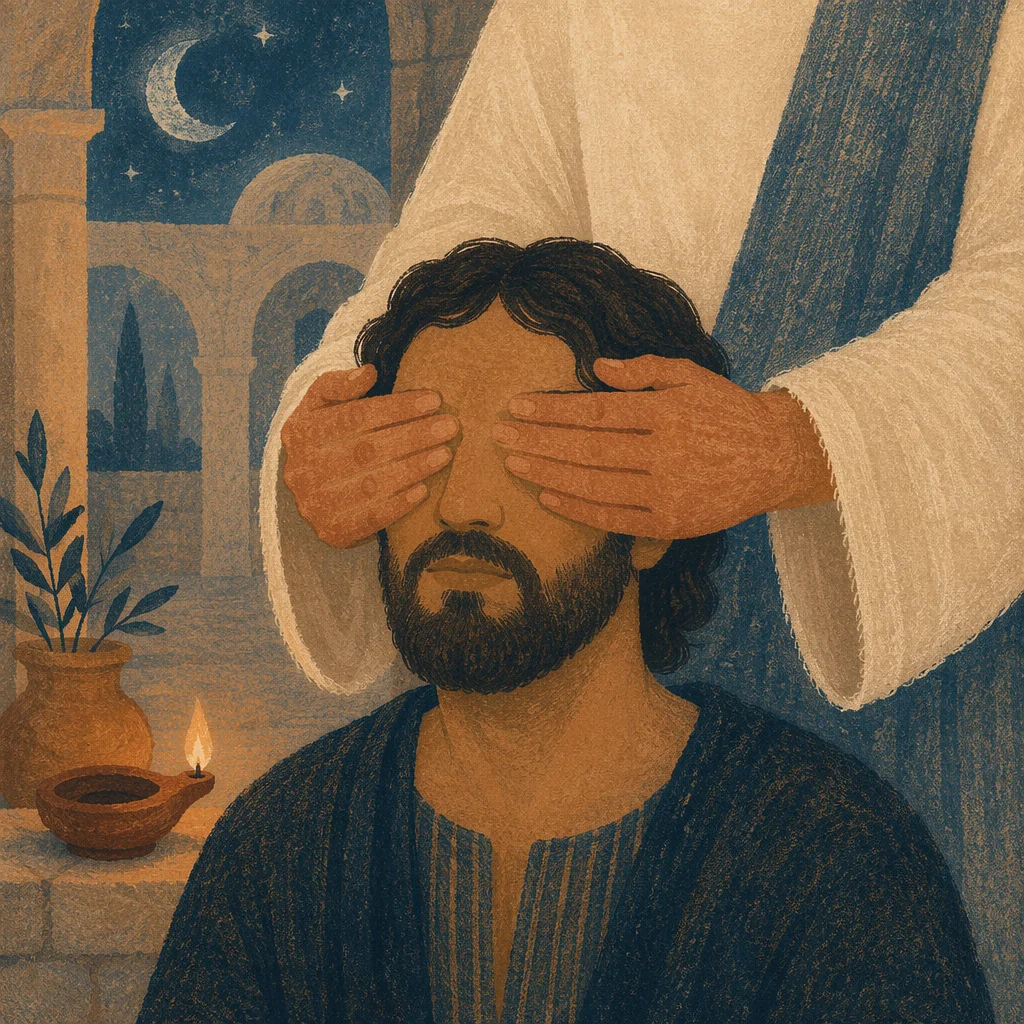 Jesus Healing Blind Man in Courtyard