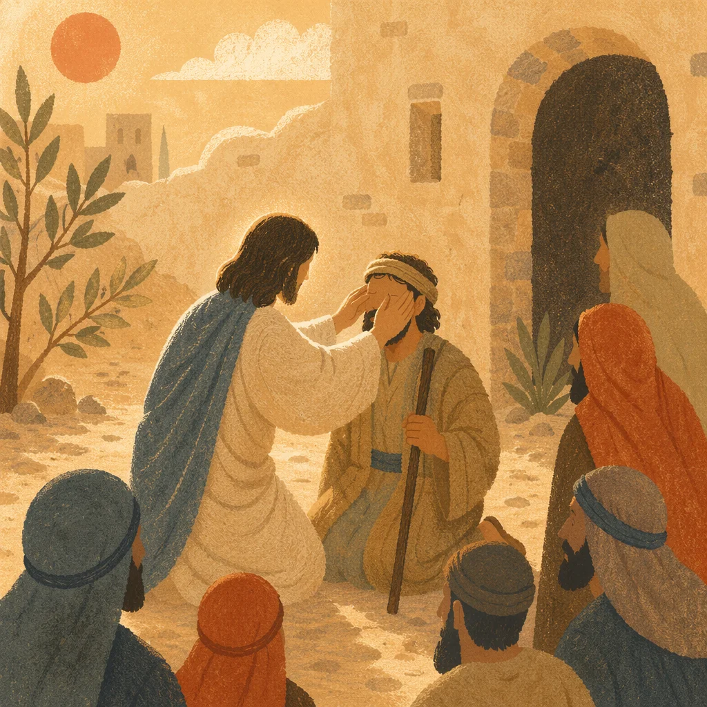 Jesus Healing a Blind Man in Courtyard