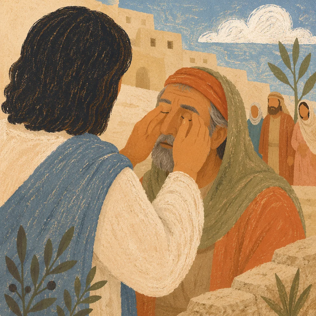 Jesus Healing Blind Man in Compassion