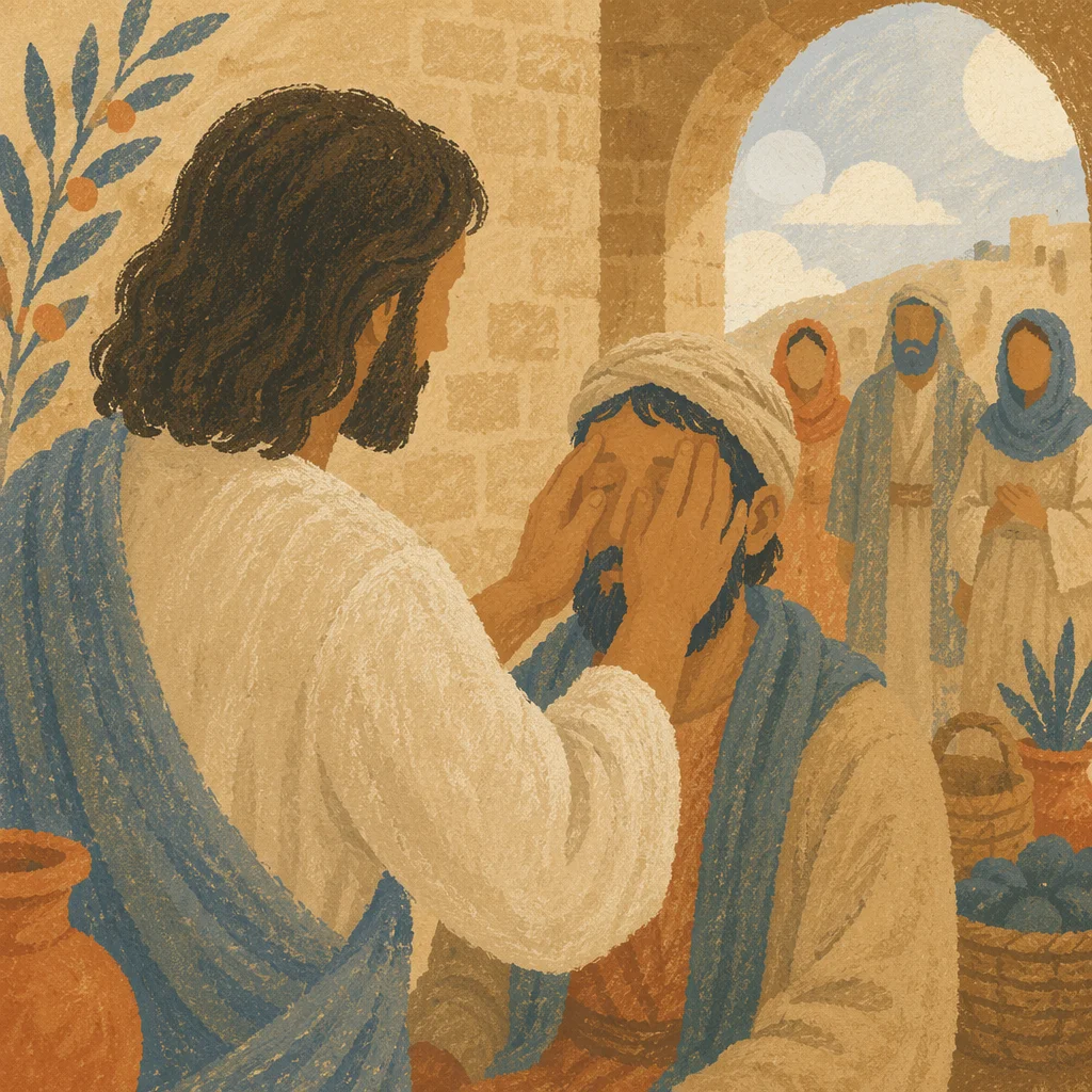 Jesus Healing Blind Man in Village Courtyard